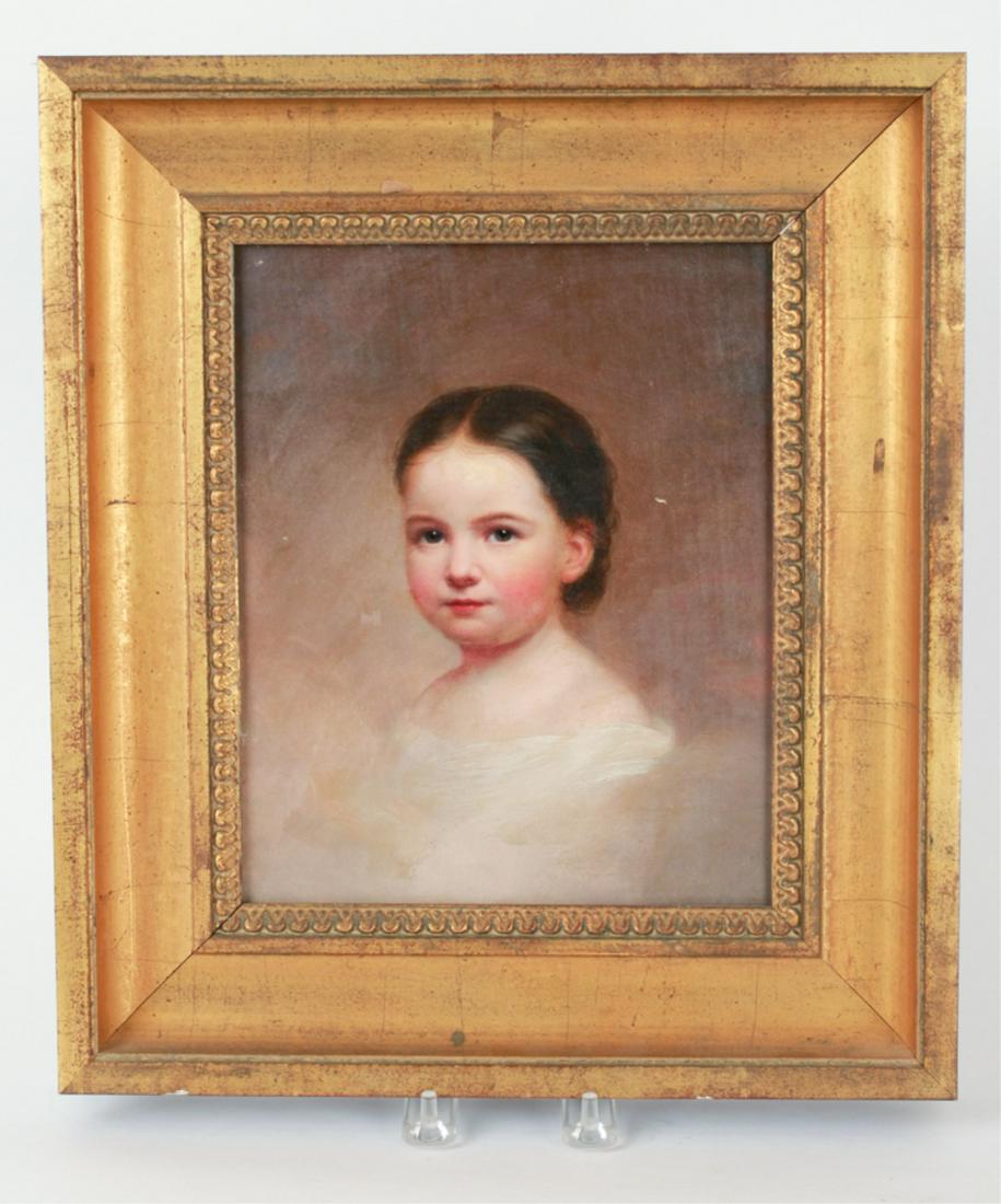 19TH CENTURY PORTRAIT OF A GIRL: Oil on canvas of a quarter length portrait of a young girl in white, unsigned, 9.5 x 8 inches, frame (newer), 14.5 x 12.5 inches