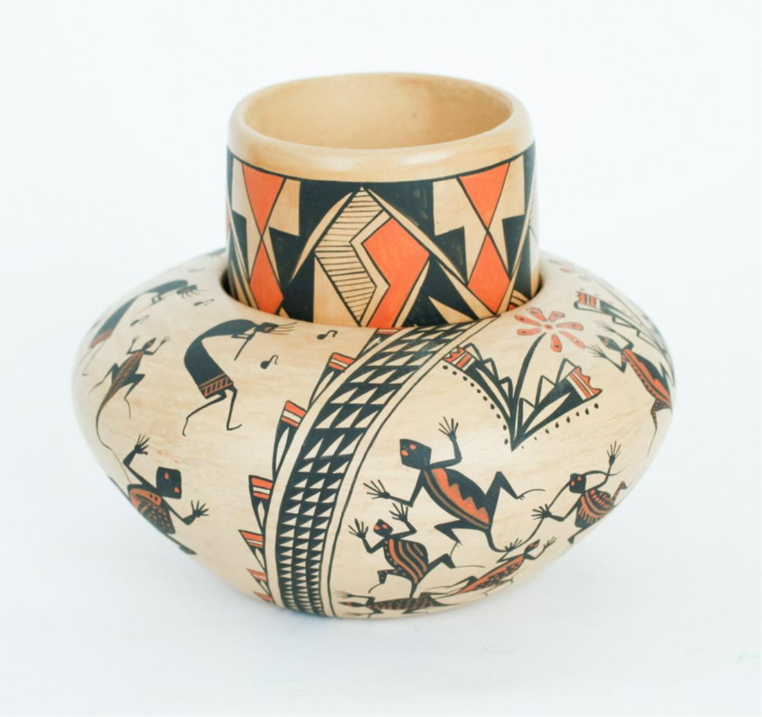 FYEPA JEMEZ PUEBLO POTTERY (2): Polychrome decorated pot with Kokopelli and horned lizards with geometric bands, unsigned, 3 x 6 inches together with a cylindrical cup with geometric design, "Sun & Fire" by Sal & Flo Yepa, 4.5 x 3 i