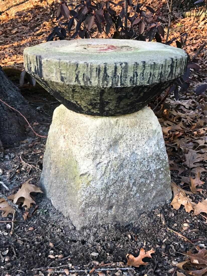(2) OUTDOOR GARDEN IMPLEMENTS: along with a cast iron urn and a Terra Cotta boot form planter. 15 X 14 and 17 X 7 inches. Shoe is 11 x 16 inches