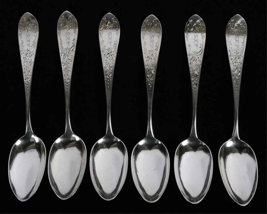 (6) B GODDARD, WORCESTER COIN SILVER SPOONS: BEAUTIFULLY ENGRAVED FAMILY MONOGRAM AND MARKED COIN. RETAILED BY B GODDARD. 4 1/4". 2.89 OZT
