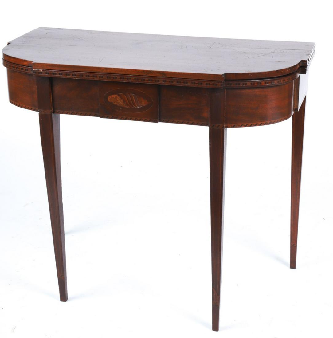 FEDERAL PERIOD MAHOGANY CARD TABLE: D top with inverted corners, tape inlay and offset legs over apron with shell inlay to center blocked plaque. 28 x 34 1/2 x `7 `/4 inches. Possibly William Lloyd of Springfield, MA. Condition: Finish 
