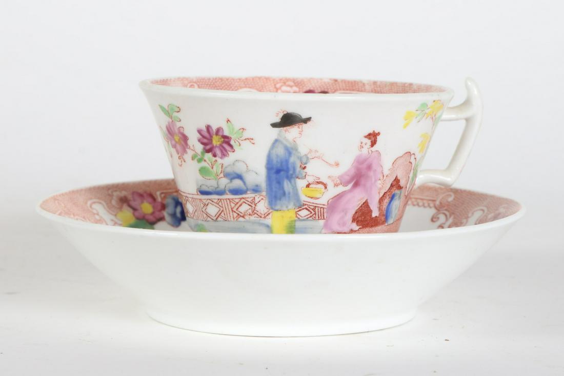 HILDITCH CHINOISERIE TEA CUP & SAUCER c1830: English porcelain with hand painted and transfer decorated Chinese subjects. Condition: Good Temp No 6415