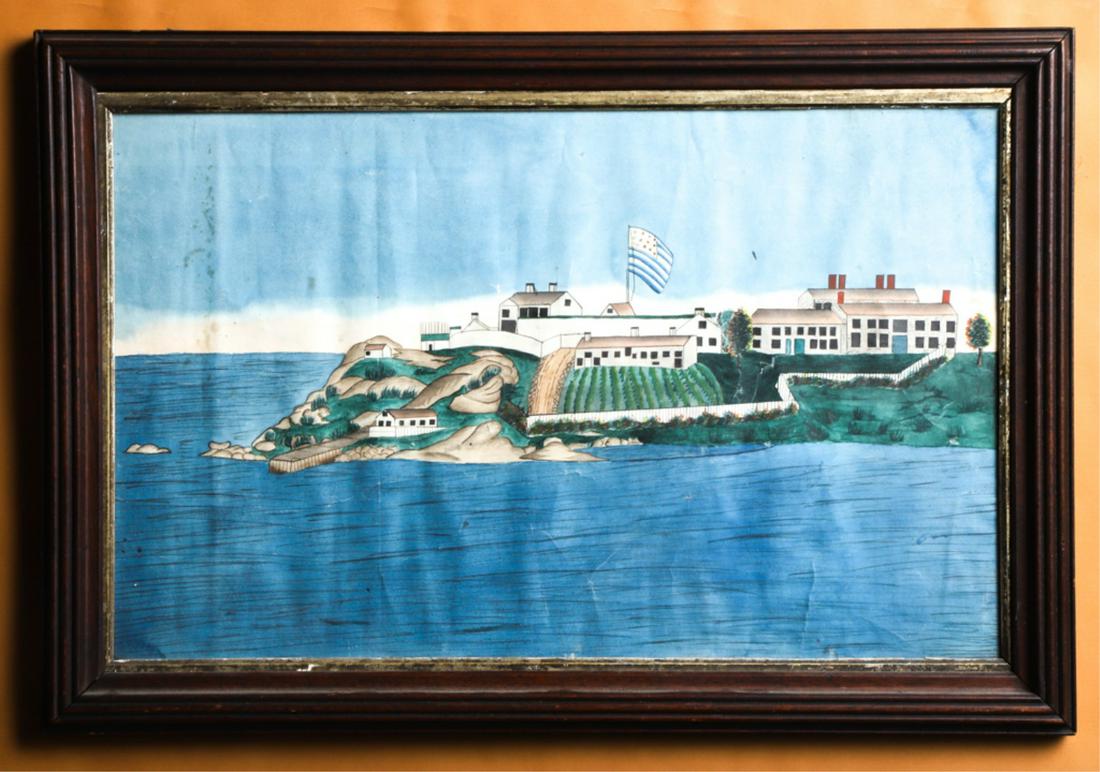 FOLK ART PAINTING OF KITTERY ME NAVAL PRISON c1865: Watercolor and pen and ink on paper. unsigned 16 x 24 1/2 inches presented in its period frame. 19 x 28 inches (overall) Provenance: Ex- Jewett-Berdan collection. Condition: Good, scattered creases, c