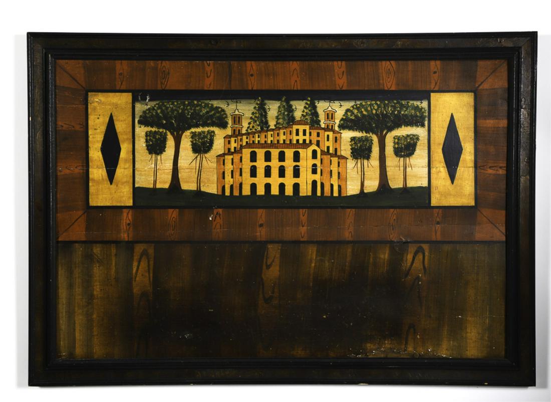 (20th c) FOLK OVERMANTEL / FIREBOARD: Depicting a Grouping of Steepled Buildings framed with faux paneling and graining. Laminated panel. 27 x 41 inches. unsigned. framed. Found in upstate New York, similar to others found in the region. 