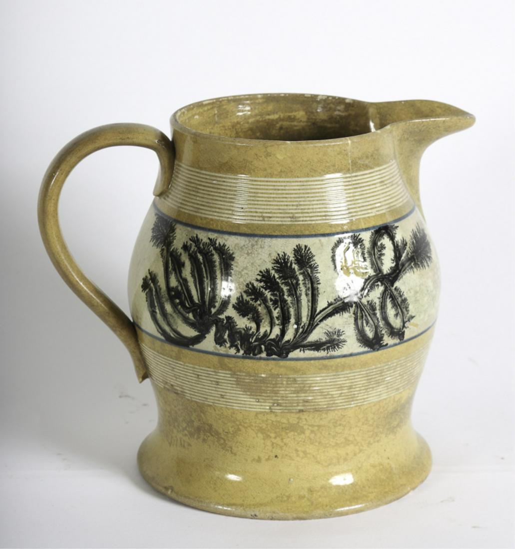 YELLOWARE PICTURE with MOCHA SEAWEED DECORATION: 8 1/2 inches Condition: Spiral crack, hairline, wear to glaze, molding Temp No 6371