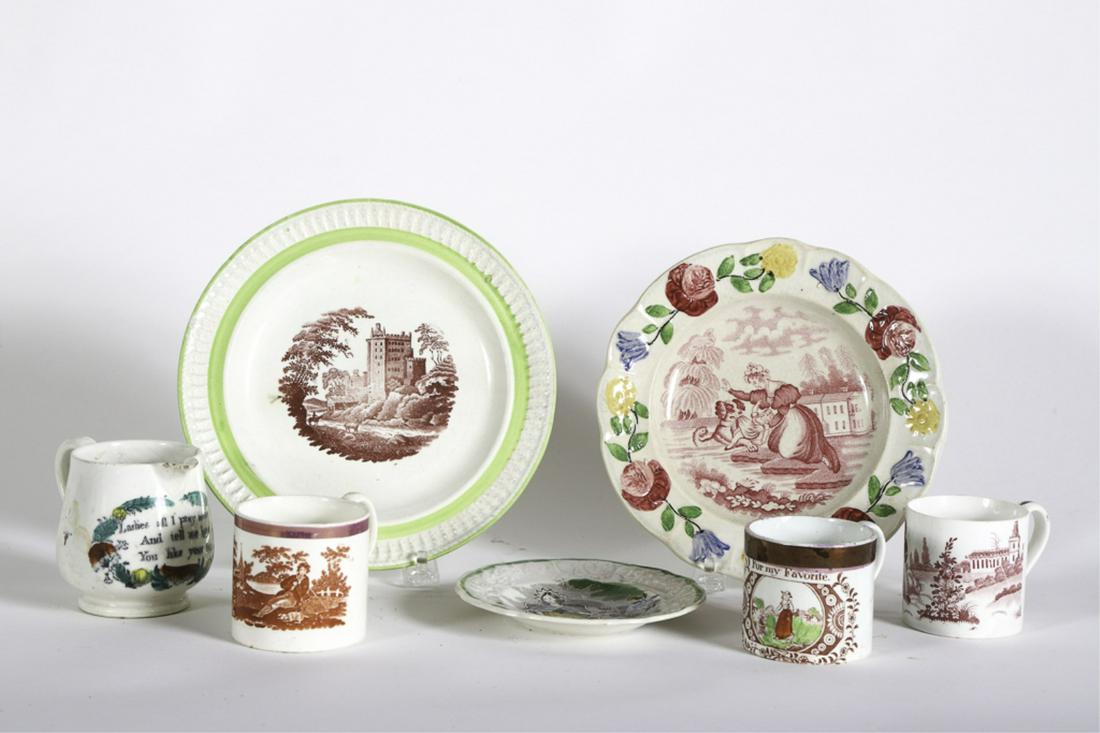 7) PIECES OF ENGLISH TRANSFER DECORATED PEARLWARE: Including: (3) Juvenile cups "For my Favorite", and (2) others with figures in landscapes, "Pride of the Village" plate, Elijah Wood & Sons plate with castle, creamer and a Staffordshire example with