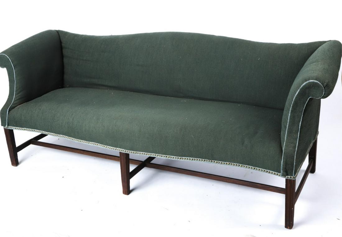 FEDERAL PERIOD HEPPLEWHITE SOFA: Serpentine sofa with scrolled arms is raised on molded tapered legs supported by H stretchers. 31 x 80 x 29 inches Condition: Stretchers have old repairs, wear from use to legs Temp No 6293