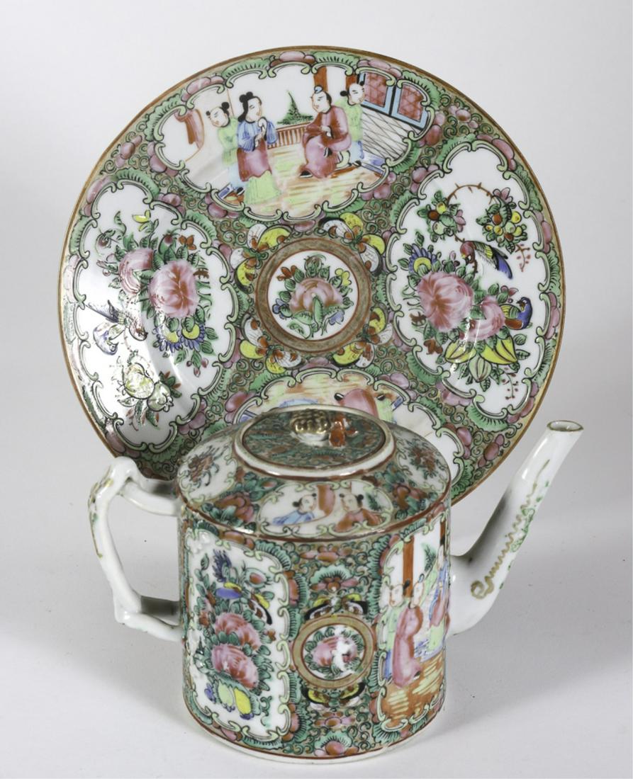 CHINESE EXPORT ROSE MEDALLION TEA POT & PLATE: Teapot with strap handle and elongated spout 4 3/8 inches. Plate 8 1/4 inches Condition: Good Temp No 6441