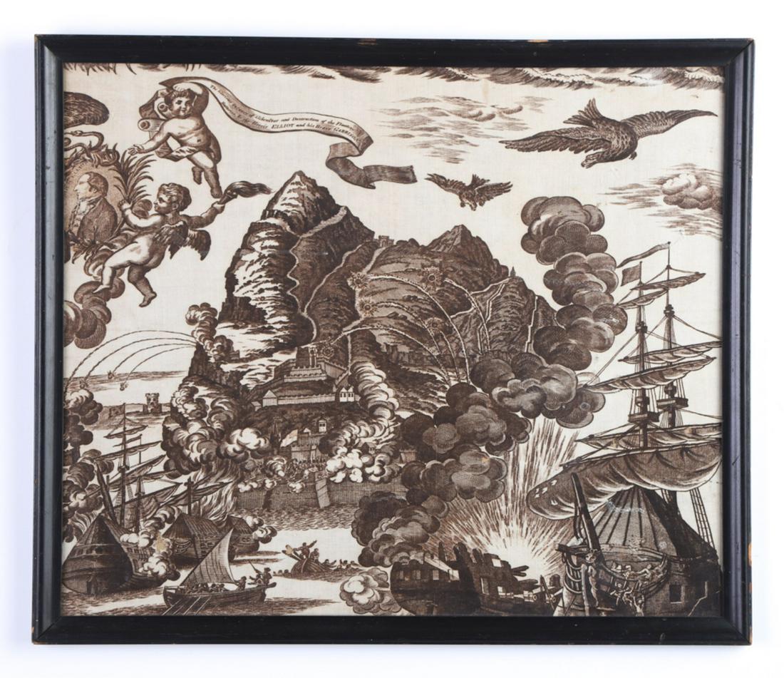 BRAVE ELLIOT'S COUP 1782 PRINTED TEXTILE: Framed fragment of a larger pictorial print circa 1785. cotton and linen. 20 x 24 inches. framed in the 1940's Condition: Very good Temp No 6231