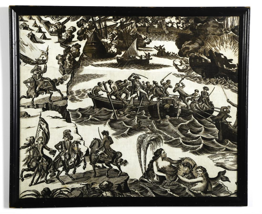 BRAVE ELLIOT'S COUP 1782 PRINTED TEXTILE: Framed fragment of a larger pictorial print circa 1785. cotton and linen. 20 x 24 inches. framed in the 1940's Condition: Very good, small hole on horse's nose lower left Temp No 6364