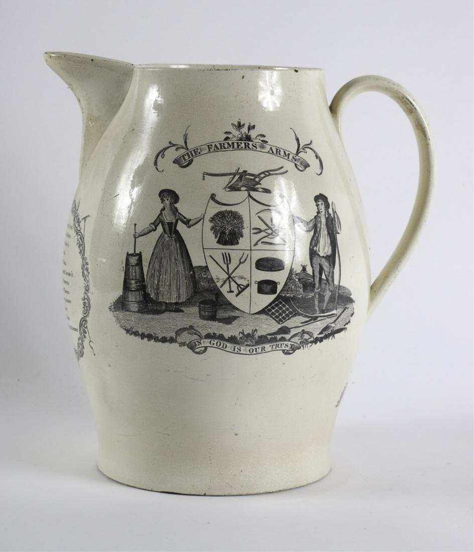 THE FARMER'S ARMS ENGLISH CREAMWARE JUG: Black transfer printed jug circa 1815. Printed under spout with verse "Heres God Bless the Plow, Long Life and Content to the Farmer" as well as on both sides with "The Farmer's Arms" and with A Rural