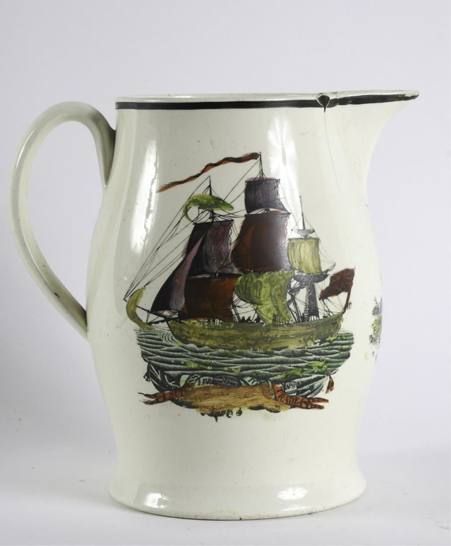 PAINT & TRANSFER DECORATED ENGLISH CREAMWARE JUG: For the Irish Market circa 1810. Hand painted under spout with "A Sprig of Shelelaigh and Shamrock so Green" and Black transfer printed and painted on both sides with "Tis Comic I Know to Have all thi