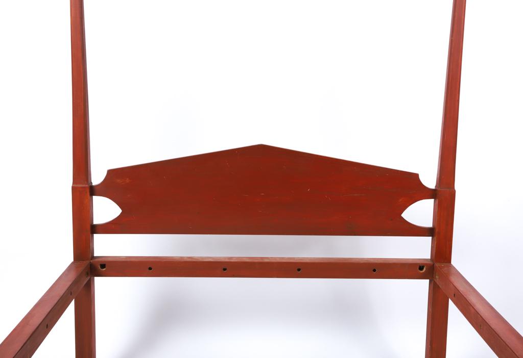 (19th c) PENCIL POST BED IN RED PAINT: Shaped headboard. 84 x 80 1/2 x 60 inches Condition: Good, later paint Temp No 6314