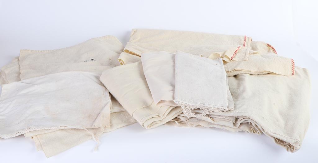GROUPING OF HOMESPUN BEDDING: Including: Light woolen blankets (1) initialed, pillow case and linen fragments Condition: Repairs, holes, stains Temp No 6523