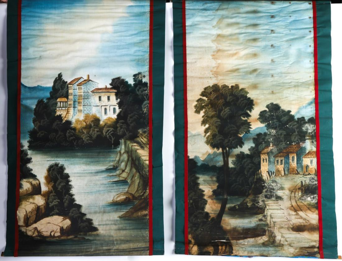 (2) VICTORIAN WINDOW SHADES with ROMANTIC SCENES: Oil on linen mounted to shades. unsigned. 58 x 32 and 52 x 32 inches Condition: The larger example good, the second has toning, stable tears, cockling Temp No 6178