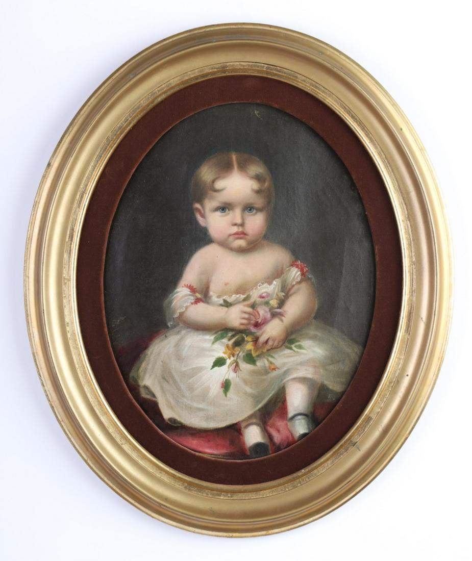 AMERICAN SCHOOL PORTRAIT of a YOUNG GIRL: Full length portrait of a Young Girl holding Flowers. oil on canvas 18 x 14 inches. unsigned. framed 24 x 20 inches (overall) Condition: Abrasion near top, inpaint to right background Temp No 6257