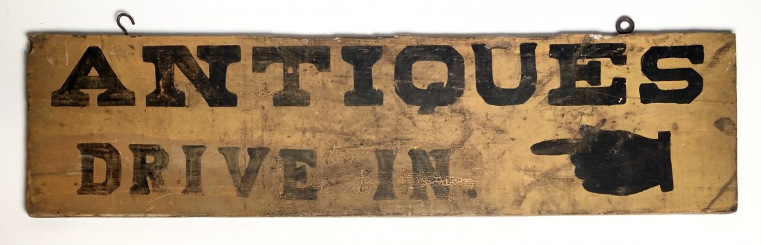 ANTIQUES DRIVE IN circa 1915 N. BRIDGETON, MAINE: (2) Sided hanging sign. painted wood 8 x 31 inches. Condition: Good, wear associated with use and age Temp No 6103