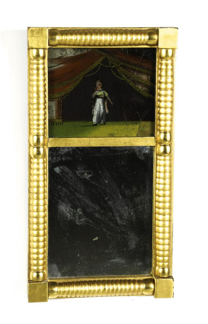 SPLIT COLUMN MIRROR by JAMES TODD PORTLAND c1830: Reverse painting on glass of a young girl walking on a Stage" 20 1/2 x 11 inches. Condition: Cracks to glass Temp No 6353
