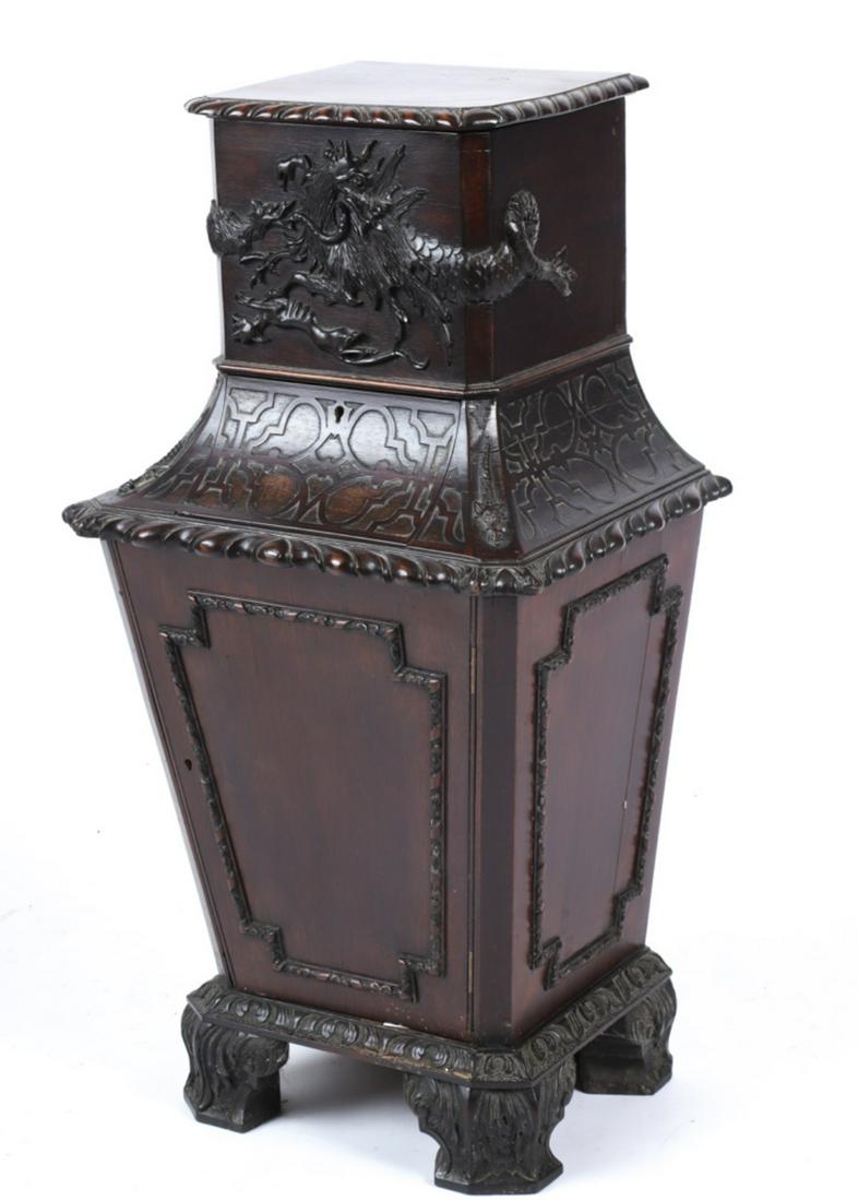 EXTRAORDINARY CHINESE CHIPPENDALE SIDE CABINET: (18th / 19 th c) (3) Compartment case carved with dragons and chilong, lattice in low relief, gadroon moldings and raised on acanthus leaf carved feet 32 x 16 x 13 inches Condition: Good Temp No 6221