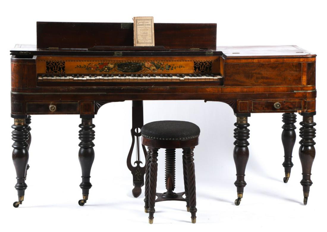 ASTOR AND COMPANY PIANO FORTE: Rosewood case with brass string inlay. Hand carved, pierced and painted with cornucopia filled with flowers. (2) lower drawers for music and raised on (6) turned legs. 33 x 64 1/2 x 23 inches. Sold by