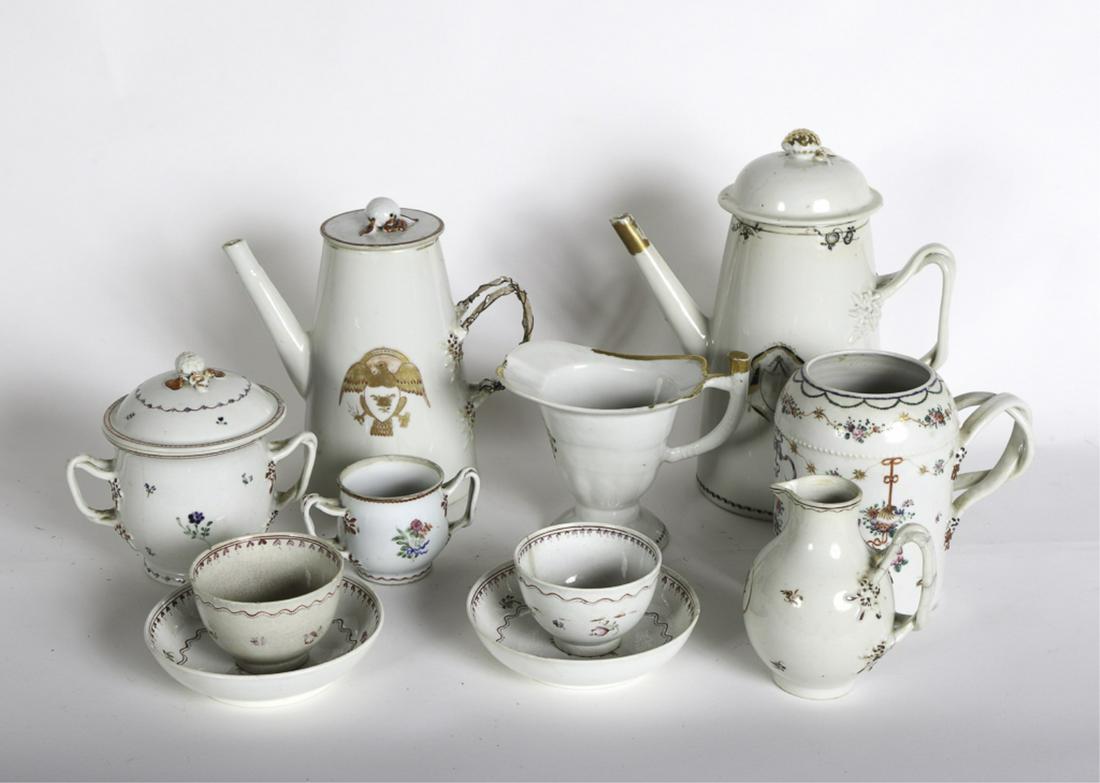 (11) PIECES OF CHINESE EXPORT PORCELAIN: Including: (2) Lighthouse coffee pots (1) decorated with the American eagle, gravy, sugar bowl, canister, (1) two handled cup, creamer and (2) cups and saucers. Condition: Gravy, (2) saucers, canister