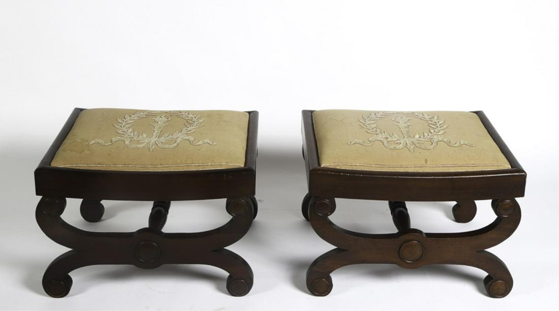 PAIR of MAHOGANY CURULE ATTRIBUTED TO DUNCAN PHYFE: Original drop cushion embroidered with torch and laurel . Scrolled X frame with turned volutes and single stretcher. 15 x 22 x 18 inches Condition: Good Temp No 6036