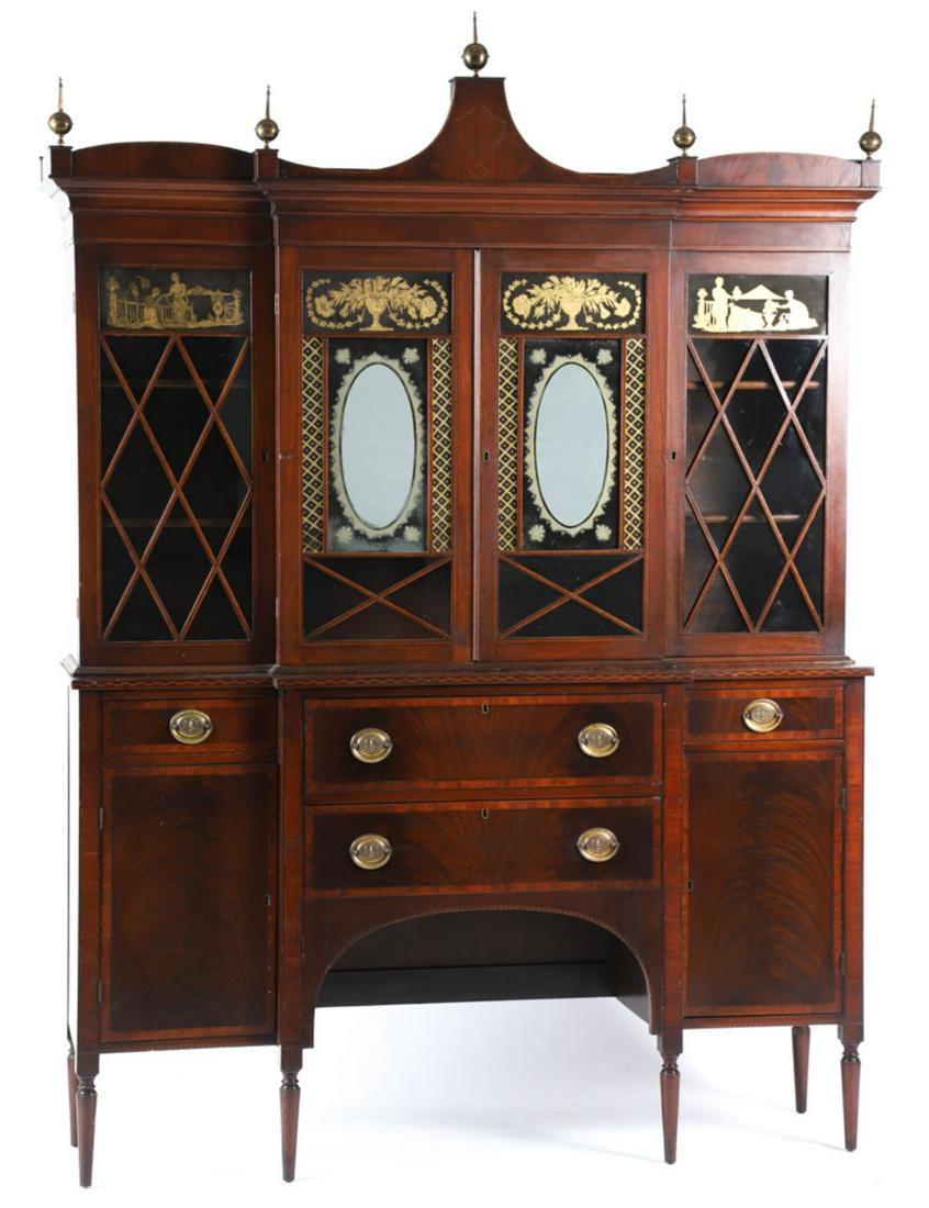 WALLACE NUTTING MAHOGANY BREAKFRONT CABINET: Wallace Nutting copy of Helen Templeton Cook's original breakfront Figure 799 in his Furniture Treasury. Delicately drafted with every bell and whistle including tape inlay throughout, a shaped pedime