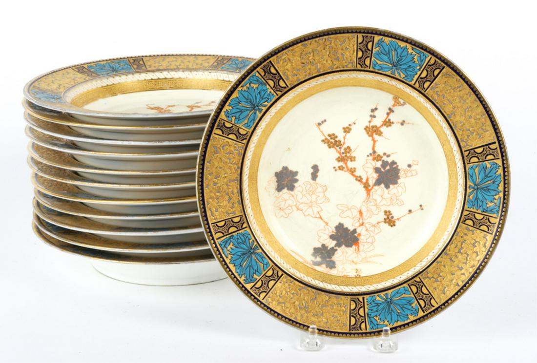 (12) STAFFORDSHIRE SOUP BOWL in the JAPANESE STYLE: Retailed by Brown Westhead and Moore, enamel platinum and gilt decoration. 9 1/2 inches Condition: Good, wear to outer edge of gilt rims Temp No 6340