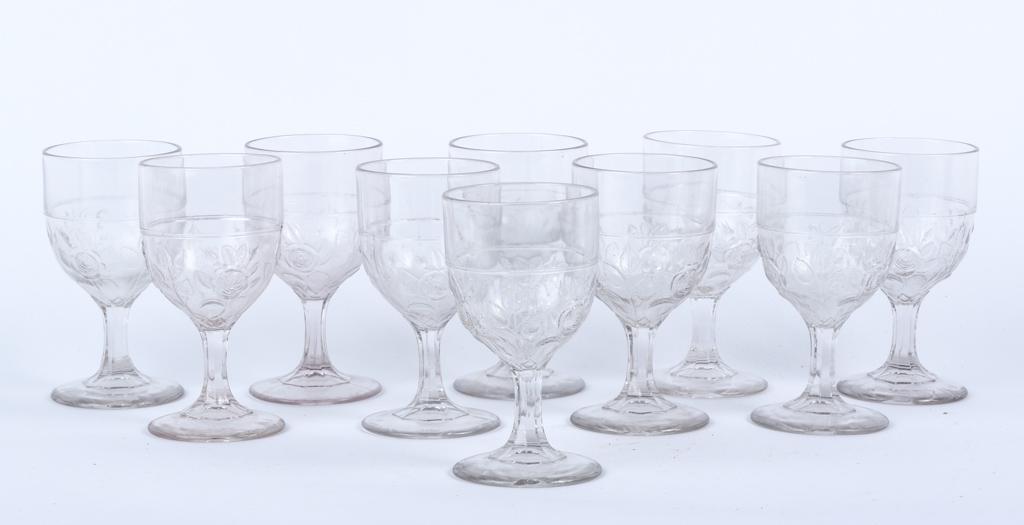 (10) EARLY AMERICAN FLINT GLASS GOBLETS with ROSES: (3) Mold stemware. 6 inches Condition: Good Temp No 6487