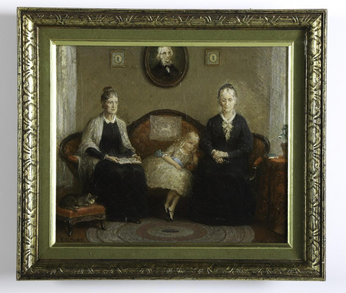 SAMUEL S. CARR (1837-1908): A Stay with the Great Aunts oil on canvas 12 x 14 inches. signed. framed 15 1/2 x 17 1/2 inches Condition: Alligatoring cracquelure, scattered inpaint, areas of over-cleaning, varnish discoloration, s