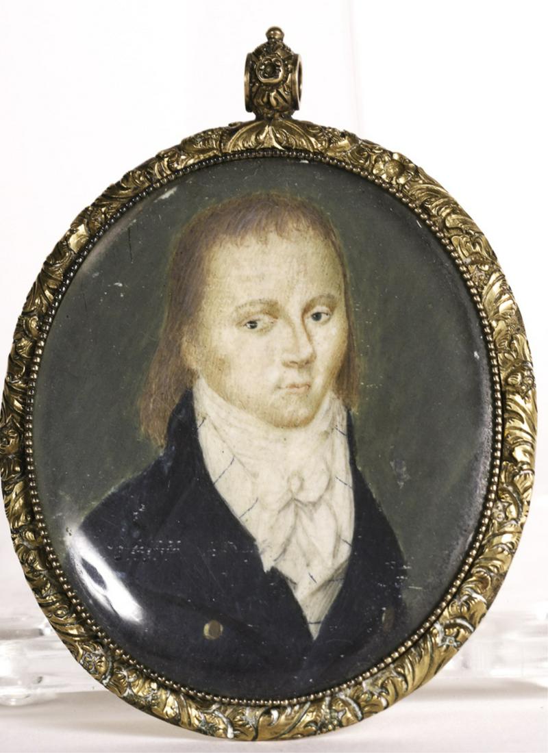 FEDERAL PERIOD PORTRAIT MINIATURE / NATHAN KIMBALL: Presented in a period case with rear aperture and rococo bezel. 2 1/2 x 2 inches. Condition: Good, minute pigment displacement Temp No 6277