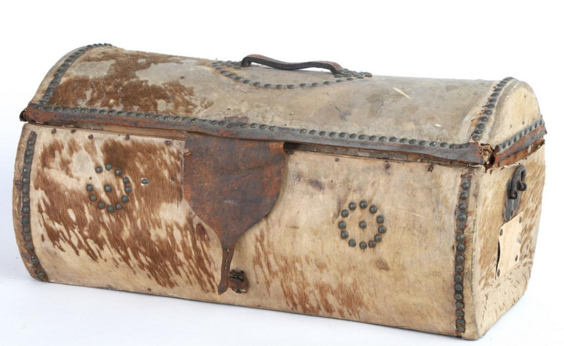 (19th c) CYLANDRICAL HORSE HIDE TRUNK: Brass tacked with wrought iron handles. 12 x 24 x 13 inches. Condition: Cover loose. Temp No 6136