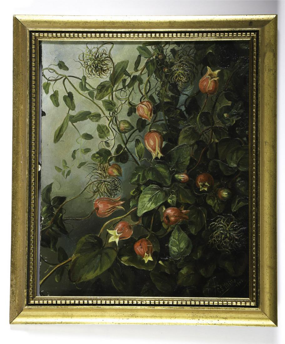 CHARLES S. MILLS (19th / 20th c): Wild Flowers in Nature oil on board 9 x 11 1/2 inches. signed and dated 1903. framed 11 1/2 x 13 1/2 inches (overall) Condition: Scattered loss around edges which can be hidden if more properly framed