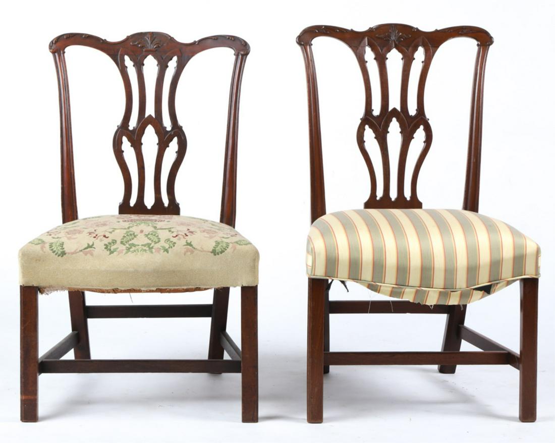 (2) CHIPPENDALE MAHOGANY SIDE CHAIRS: Boston shaped crest rail carved with acanthus leaves and scrolls surmount gothic carved splat framed in low carved relief. Serpentine front upholstered seats raised on molded legs supported by H stret
