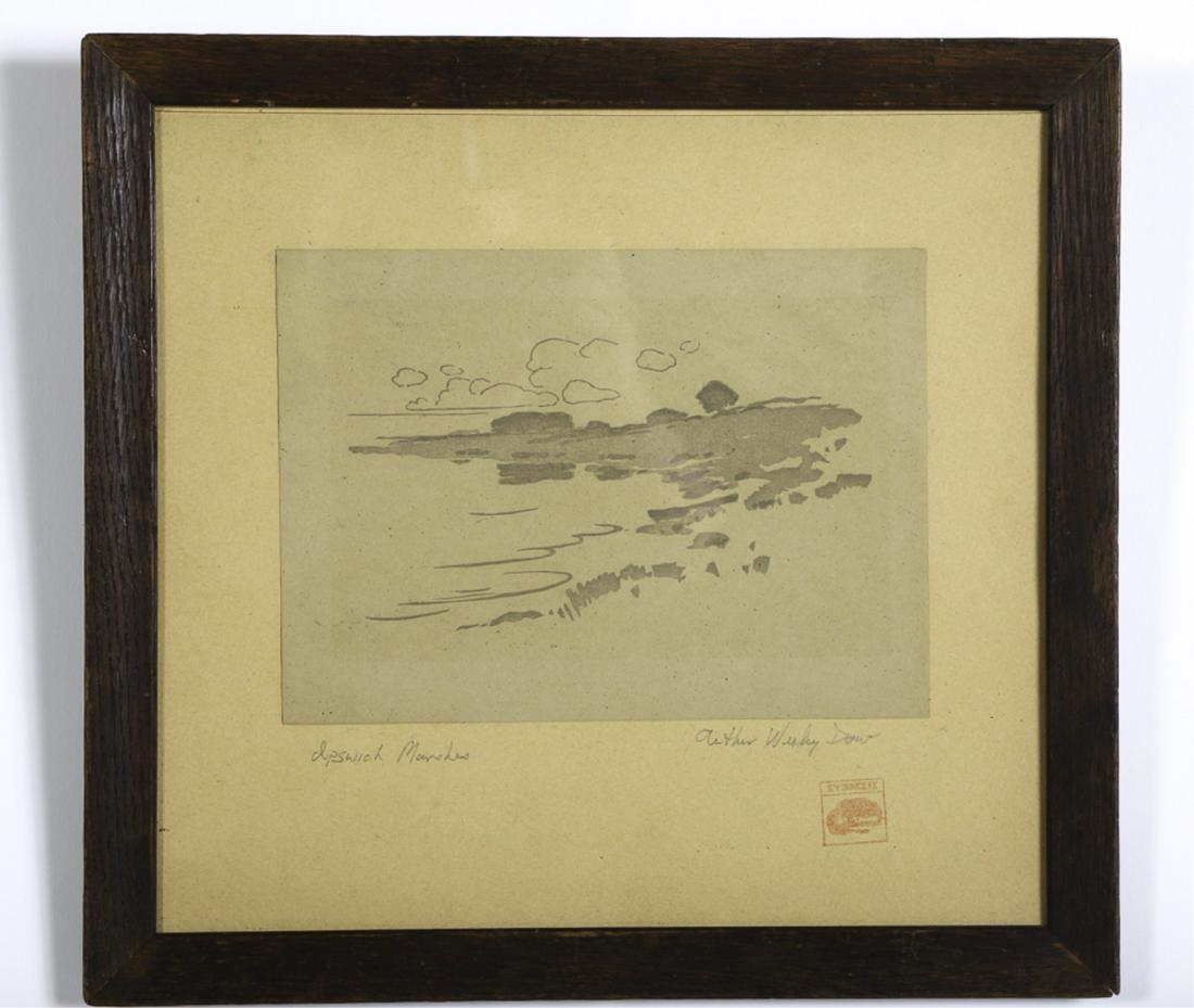 ARTHUR WESLEY DOW (1857-1922): Ipswich Marshes aka Shore of Creek woodblock in (2) colors. estate stamped and signed. 6 1/2 x 9 inches (image). framed 13 x 14 inches (overall) Condition: Toning Temp No 6065