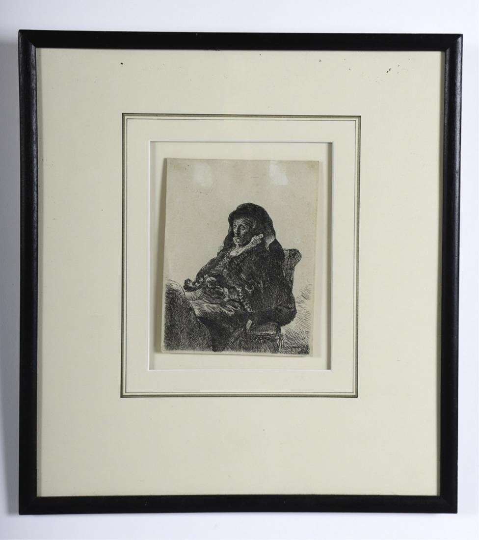 REMBRANDT VAN RIJN (1606-1669): Rembrandt's Mother in Widow's Dress and Black Gloves engraving on laid paper. signed in print. 6 x 4 5/8 inches (impression) framed 14 1/2 x 13 1/2 inches (overall) Original 7th State strike. Provenan