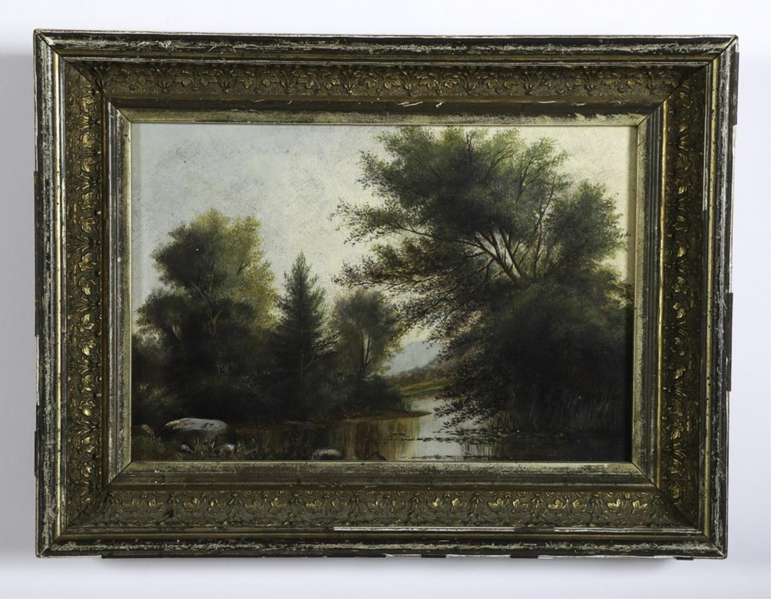 ATTRIBUTED TO BENJAMIN CHAMPNEY (1817-1907): Mountain Peeking Through the Trees oil on canvas 9 1/2 x 14 inch Frost and Adams stretcher. unsigned. framed 14 x 18 inches (overall). Condition: Surface grime, varnish discoloration Temp No 6094