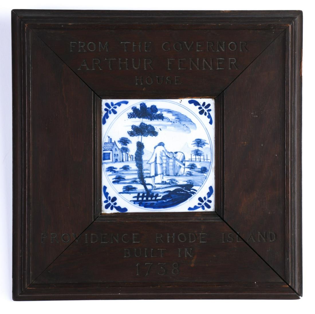 FRAMED DELFT TILE FROM 1738 ARTHUR FENNER HOUSE: Providence, RI built in 1738. 13 x 13 inches. Clippings with histories accompany this lot Condition: Good Temp No 6044