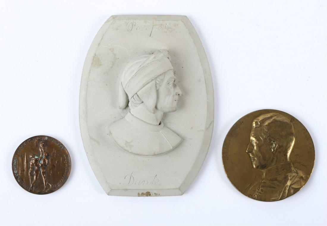 BELGIUM & ITALIAN MEDALS & a BASE RELIEF OF DANTE: King Albert A.A.O.B. Championship 1911gilt bronze medal, 1933 Italia "Century of Progress" Chicago Exposition. 4 , 2 and 1 5/8 inches Condition: Good Temp No 6512