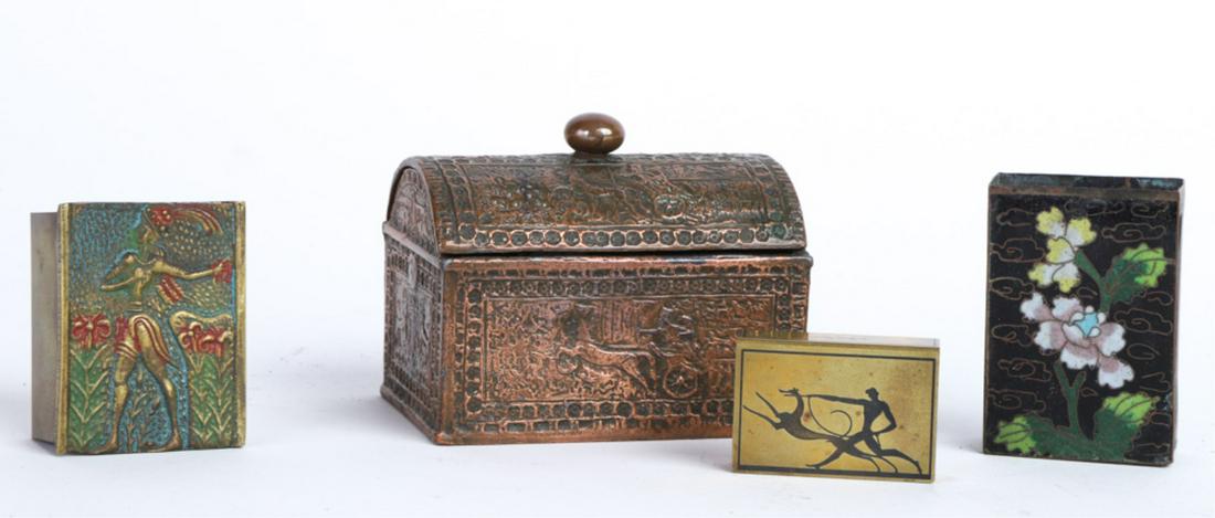 (3) MATCHBOX COVERS & a ROMAN DOMETOP METAL BOX: Filled with Chinese mother-of-pearl gaming chips. (bronzed white metal) 2 1/2 x 3 x 2 inches Condition: Good Temp No 6502