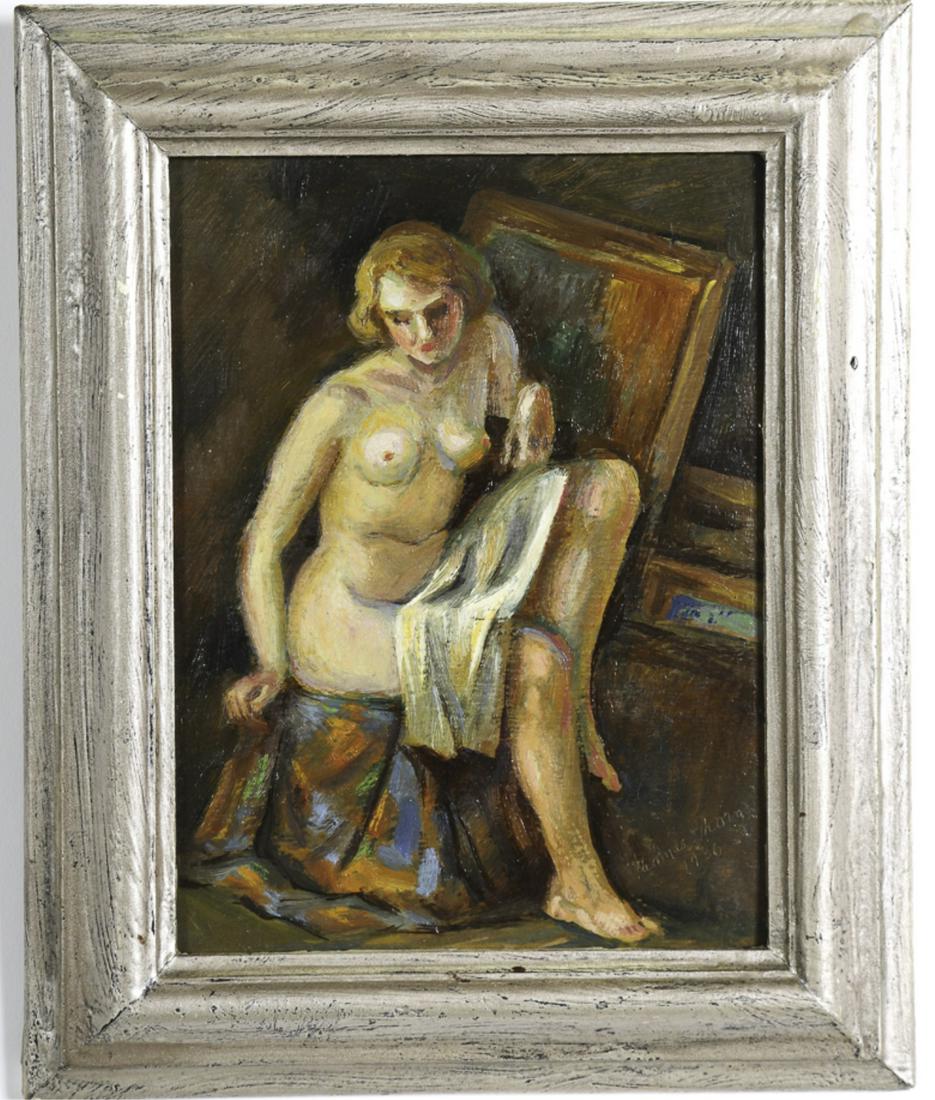 THOMAS THORNE (b. 1909): Nude Model painted in the Studio of the Artist oil on board 8 x 6 inches. signed and dated 1936 left of foot and annotated verso. framed 11 x 9 inches (overall) Condition: Good Temp No 6269