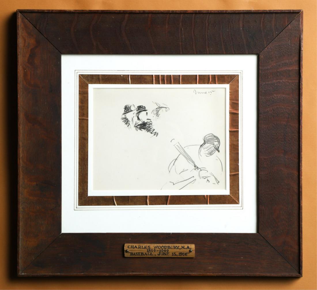 CHARLES WOODBURY (1864-1940): Baseball, June 15, 1916 crayon on paper 5 3/4 x 7 1/2 inches. framed 14 x 15 1/2 inches. Identified by Young Fine Arts Gallery label verso. Condition: Good Temp No 6317