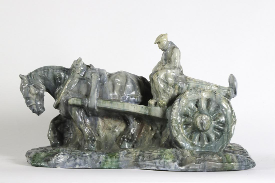 DOMIEN INGELS (1881-1946): Driving a Belgium Draft Horse glazed stoneware signed. 14 x 23 x 12 inches . Condition: Good, minor unobtrusive losses to glaze at high points Temp No 6255