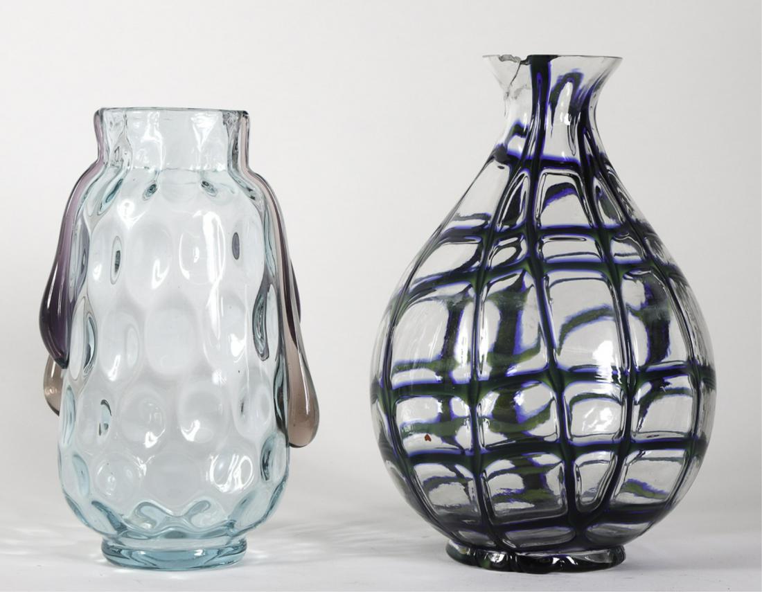 (2) ART GLASS VASES: (1) Marked Czechoslovakia with blue and green glass overlay and an unmarked dimpled example with applied drips. 8 and 7 inches Condition: Rim to throat of Czech example broken Temp No 6444