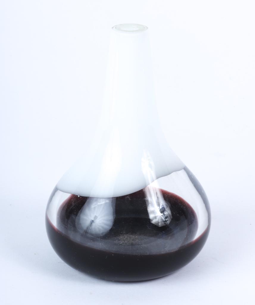 VENINI QUALITY ITALIAN ART GLASS VASE circa 1960: Cased white glass rim with amethyst base. unmarked 6 1/4 inches. Condition: Flea bite to rim Temp No 6491