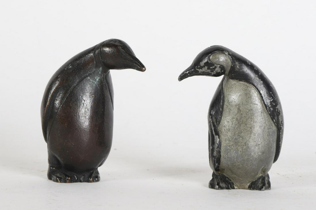 GORHAM CO BRONZE & STEEL PENGUINS: Each signed "Postgate Alfred Gorham Co" 3 inches Condition: Surface grime, paint loss Temp No 6421