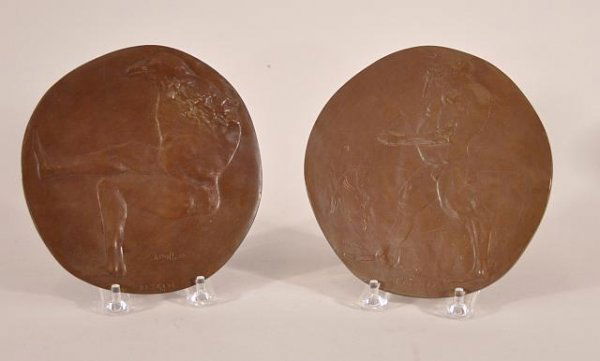 Pair of Leonard Baskin 1969 bronze relief plaques o: Pair of Leonard Baskin 1969 bronze relief plaques of Apollo and minotaur. Diameter: 6 3/4 in.