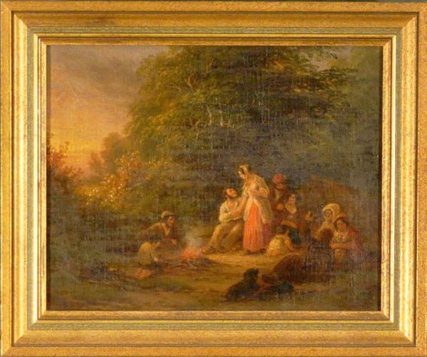 British School (19th century) Family stopping for: British School (19th century) Family stopping for evening, signed T.A. Miller?, L.L. Oil on canvas, 8 in. X 10 in. framed