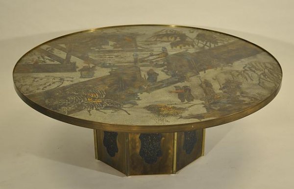 Round coffee table signed Philip &Kelvin LaVerme w: Round coffee table signed Philip &Kelvin LaVerme with etched and engraved bronze top depicting a Chinese palace garden scene, on an octagonal base. Diameter: 48 in. Height: 17 in. Cost $8000 New