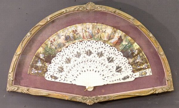 19th century ivory hand painted fan: 19th century ivory hand painted fan, 11 in. X 19 in. framed